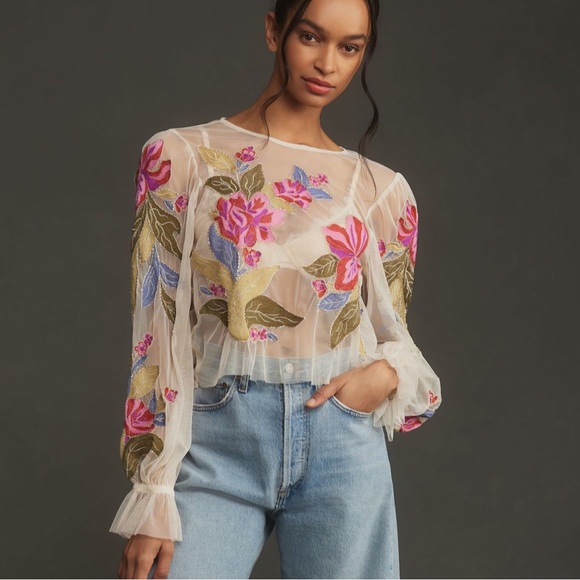 Anthropologie Tops - Anthropologie The Layla Long-Sleeve Appliqué Mesh Blouse Size Medium